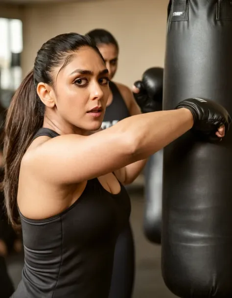 cinematic still cinematic film still closeup of (((mrunhwx woman))) is at a crowded local gym punching a punching bag, gray and ...