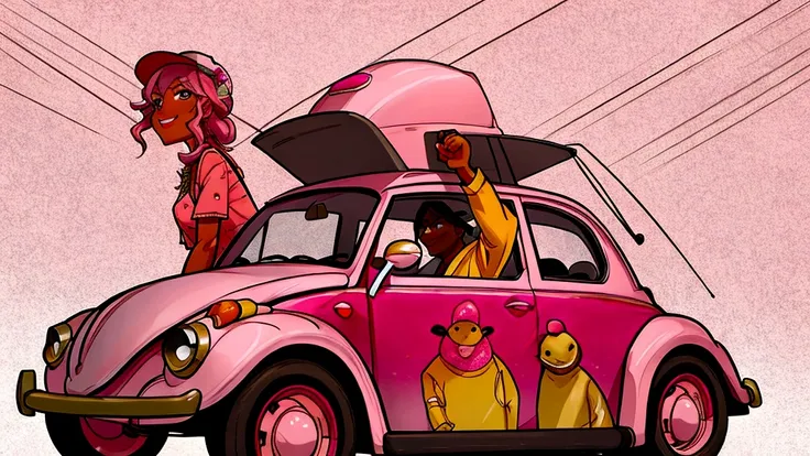 several people ride in a pink beetle with an adapted barbecue in the front of the car, a man sitting next to the barbecue and a ...