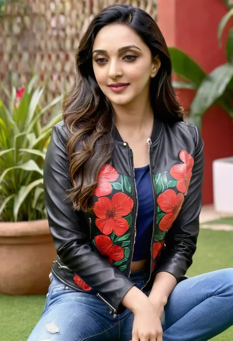 ((best quality)), ((masterpiece)), (detailed), (kiara advani ) , wearing black leather jacket over red printed t-shirt  and blue...