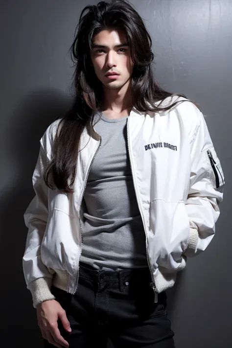 realistic photography, handsome men, medium long hair, white shirt, muscle, wear bomber jacket