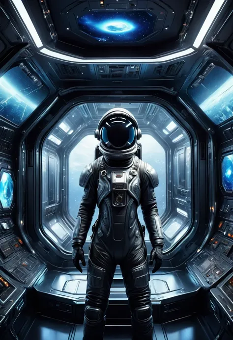 a futuristic astronaut in a space capsule, control panel, high-tech interior, metal and glass materials, atmospheric lighting, d...