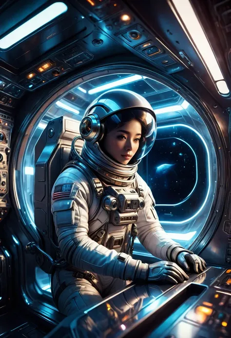 a futuristic astronaut in a space capsule, control panel, high-tech interior, metal and glass materials, atmospheric lighting, d...