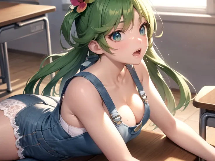 (masterpiece:1.2), best quality, high resolution, unity 8k wallpaper, (illustration:0.8), (beautiful detailed eyes:1.6), extremely detailed face, perfect lighting, extremely detailed CG, (defMallow, green hair, dark skin, hair flower, hair ornament, grey o...