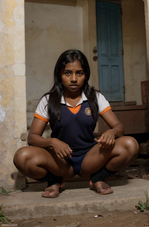 Indian school kid ,dark skinned, village girl, from India, squatting, spreading legs, in uniform 