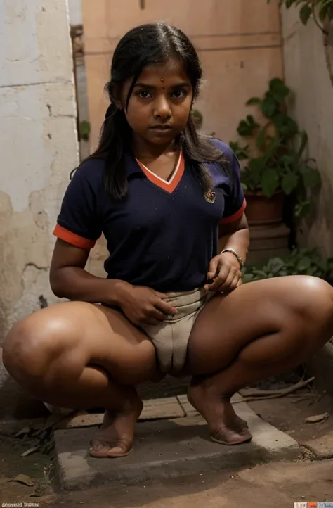 Indian school kid ,dark skinned, village girl, from India, squatting, spreading legs, in uniform 