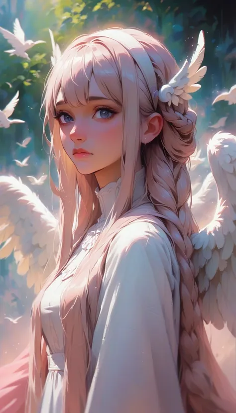 emilia clarke, angel big white wings, by rubio, long braided hair,(8k, best quality, masterpiece:1.2),(best quality:1.0), (ultra...