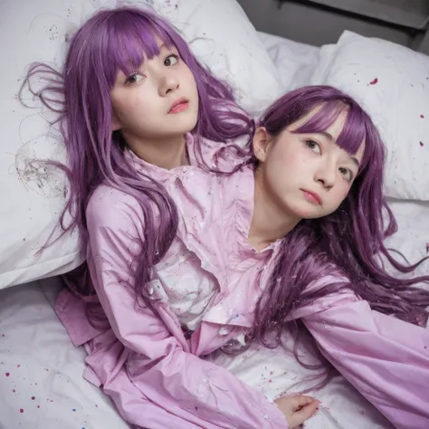 a beautiful girl with long light purple hair wearing a shiny pink raincoat, laying on a bed with white sheets and pillows, looki...