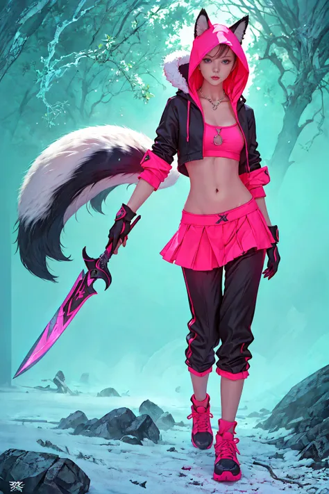 oh, league of legend, sexy for, wallpapers, detailed eyes, fox ear, (fox tails), a skirt, (long pink fur), medium breasts, looki...