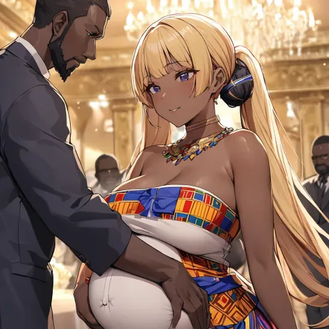 ((Highest quality)), ((masterpiece)), (detailed), （Perfect Face）、The woman is a Ghanaian black woman with vivid dark brown skin, Tsukino Usagi. She is wearing the gorgeous, colorful, glittering Ghanaian traditional kente dress in a square in a city in Ghan...