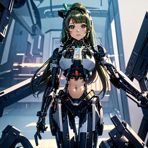 masterpiece, high quality, Gynoid Cyborg Body、The face is Minami Kotori、Minami Kotori, who has been remodeled into a girl-type mechanical body、Mecha Cyborg Girl、Single, frontal composition、Single image、from front, full body、Arms and legs wide open、Black Ba...