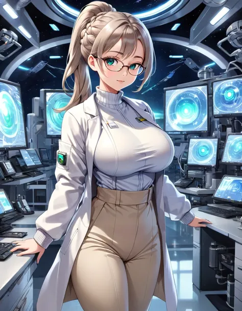 anime style, (huge breasts:1.3) (masterpiece) (high quality) (best quality) (1girl), (solo), (slim waist:1.3), (looking at viewer), detailed background, braided ponytail, jade eyes, glowing eyes, slight smile, detailed eyes, futuristic space station labora...