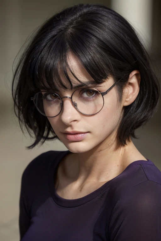 (face photo, close do rosto)(16 year old woman), (bblack hair, shorth hair, bangss, hair to the shoulders) ((round glasses on th...