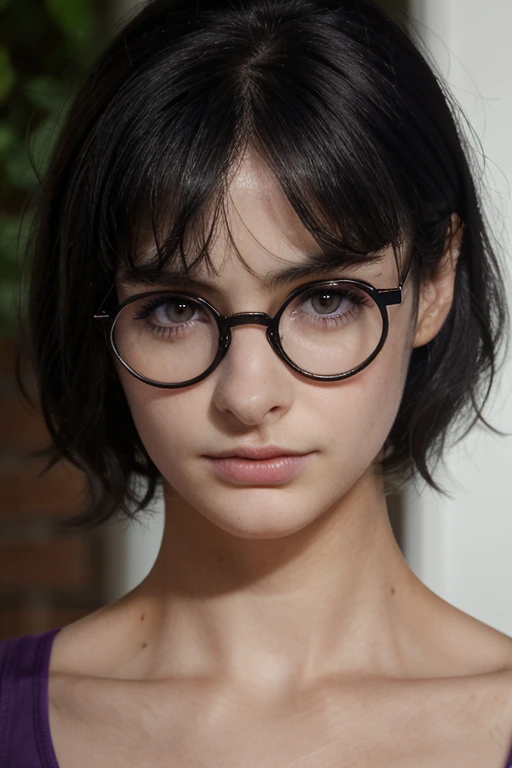 (face photo, close do rosto)(16 year old woman), (bblack hair, shorth hair, bangss, hair to the shoulders) ((round glasses on th...