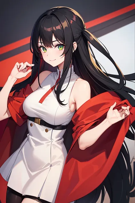 a girl with red and black uniforms and long black hair with green eyes and cold smile