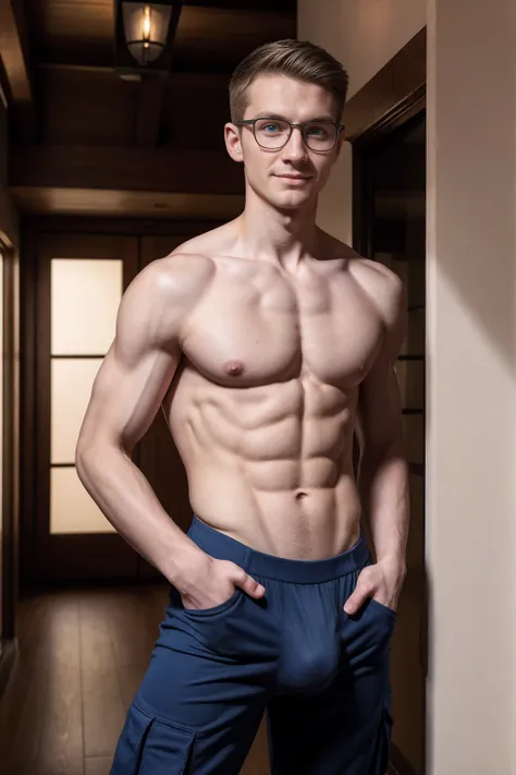 1boy, (Blue Eyes), happy smile,caucasian boy,18 years old,young, slim body, slender, skinny body build, child-like, twink, (glasses:1.2),SWAT fighter, cargo pants, young male, 18yo, full body view, square masculine face, masterpiece, best quality, ralistic...