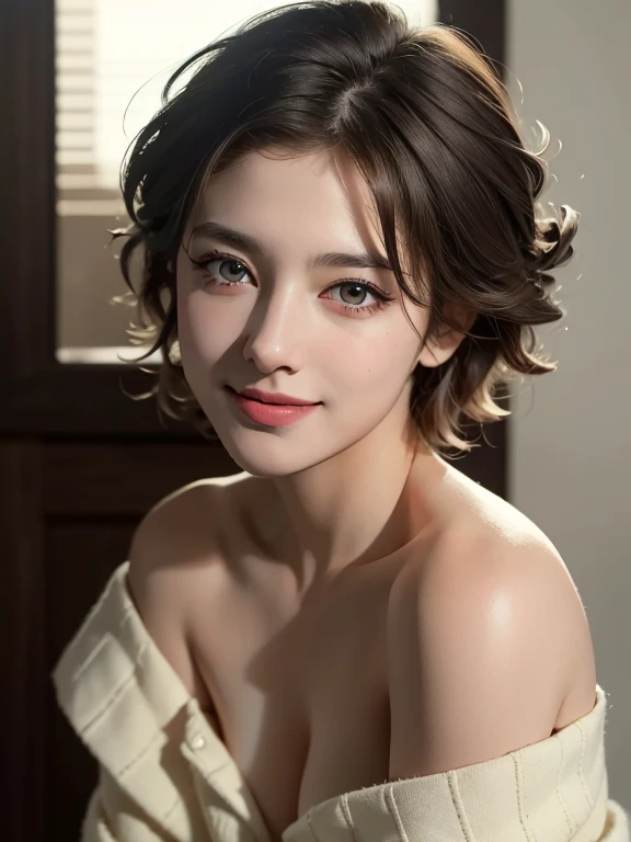 Highest quality, masterpiece, Ultra-high resolution, (Realistic:1.5), RAW Photos, One girl, Off the shoulder, In the Dark, Deep Shadow, Modest, Cold Light, Sexy Looks, short hair,smile