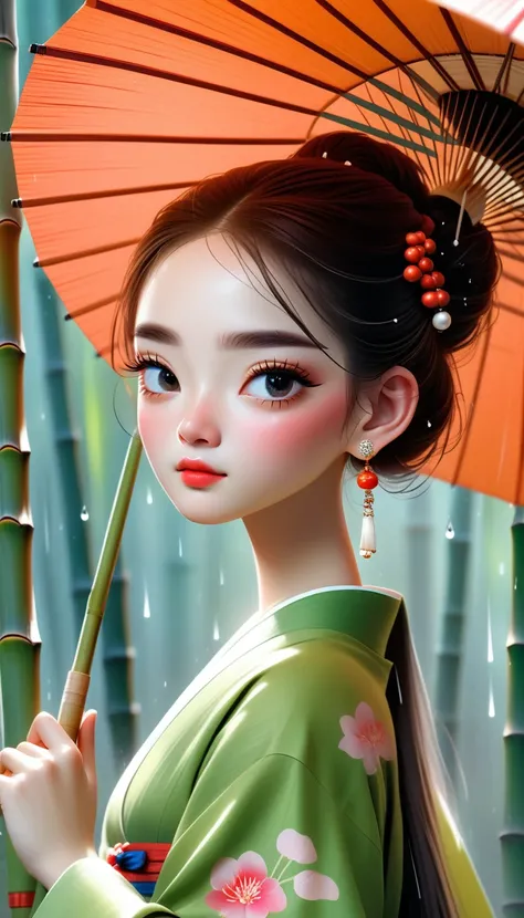 Masterpiece, extremely detailed CG unity 8k wallpaper, 1 girl, beautiful, realistic, blur, blurred background, blurred foreground, bamboo forest, depth of field, earrings, jewelry, nose, realistic, solo, hanfu, holding oli paper umbrella, rain