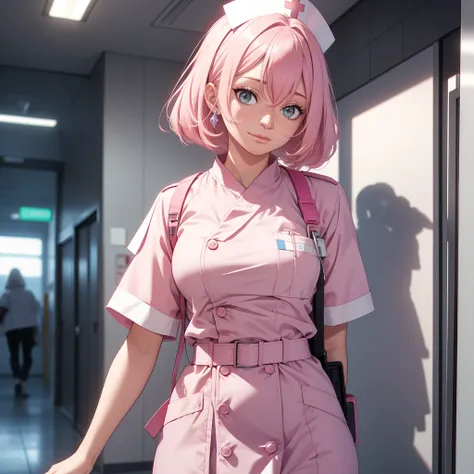 8k, A woman with light pink hair dressed in a nurse&#39;s uniform. , A hyperrealistic version of Florence Nightingale poses in a micro bikini, (realism: 1.5), Body of Venus, (true body: 1.2), The best quality, masterpiece: 1.2, high detail, realistic skin,...