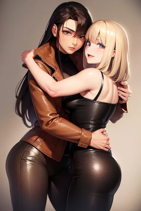 A 50-year-old brunette woman in leather clothes hugs a young blonde