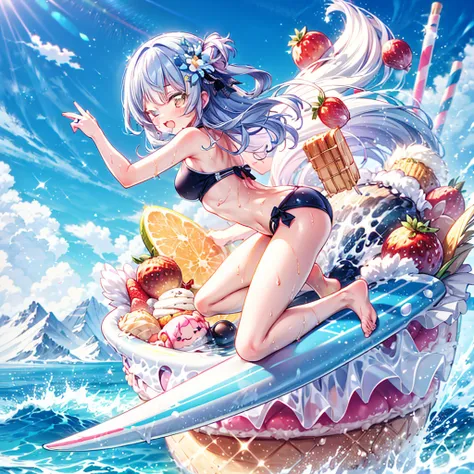 masterpiece, best quality, high resolution, extremely detailed CG, absurdres, highres, 1girl, solo, a girl in swimsuit surfing with a surfboard on top of ice-cream, soft cream,fruits, summer,happy