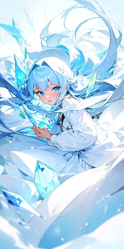 (masterpiece, best quality) 1girl of 20 years old with light blue long hair, crystal blue eyes wearing an white dress and surround by snow