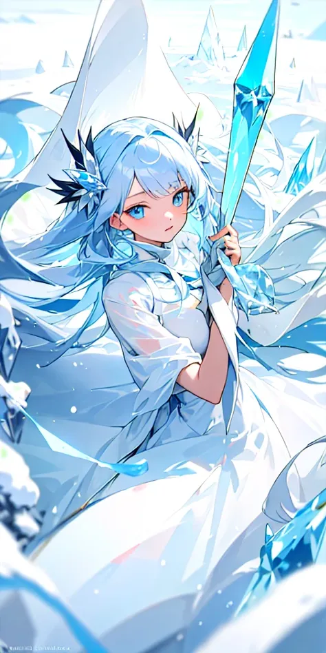 (masterpiece, best quality) 1girl of 20 years old with light blue long hair, crystal blue eyes wearing an white dress and surround by snow