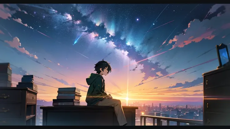 hyper HD，8k，kosmos，the night，extreme light，Makoto Shinkais concept art，Tumbler，magic realism，Beautiful anime scenes，Cosmos Sky。 by makoto shinkai, ( ( By Shinkai Makoto ) ), Anime Background Art, anime backgrounds, style of makoto shinkai, anime movie back...