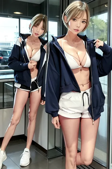 Zip-up track suits、Shorts、Blonde、Bobcut、beautiful girl、Perfect figure、おっぱい