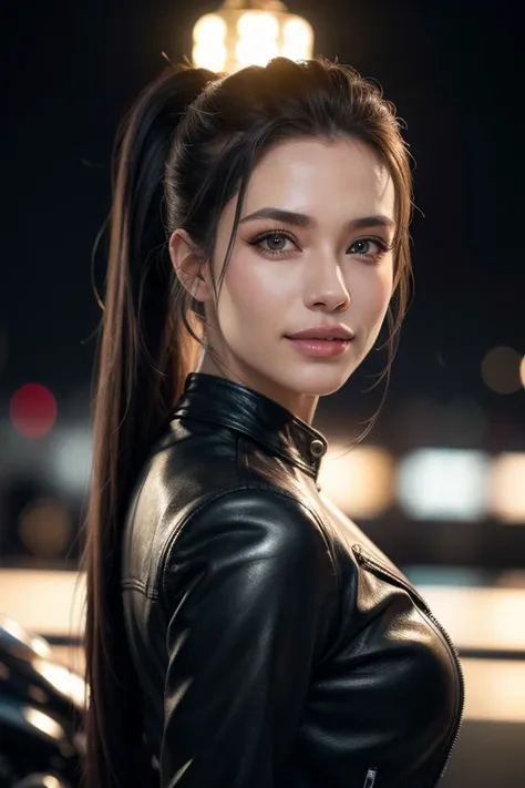 a gorgeous busty woman, ponytail, leather jacket, lady bikers, motorcycle, beautiful detailed smile, beautiful detailed teeth, POV, lover, cinematic dramatic lighting, (best quality,4k,8k,highres,masterpiece:1.2),ultra-detailed,(realistic,photorealistic,ph...