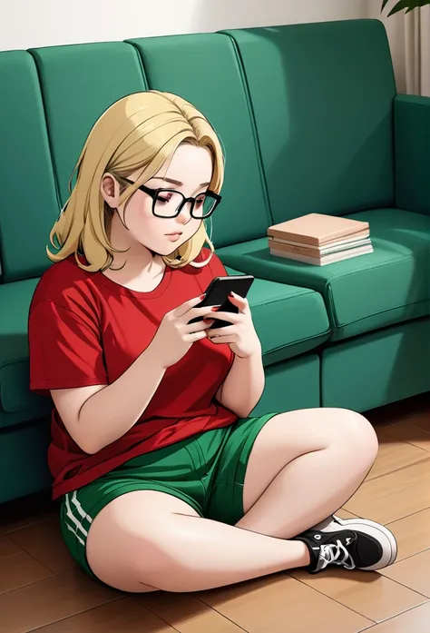 chubby girl, blonde, medium length hair, open forehead, no bangs, green eyes, black square-rimmed glasses, green shorts, red T-shirt, sitting on the floor, sitting near the sofa, holding a phone, looking at the phone