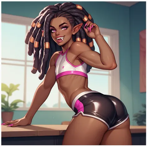 Best quality, highly detailed, ultra detailed, 1 very Dark brown skin boy, flat chest, male chest, curvy body, long pink dreadlocks, pink dreadlocks, pink eyes, pointy ears on sides, fangs, sharp nails,  lipgloss, wearing white croptop, biker shorts, showi...