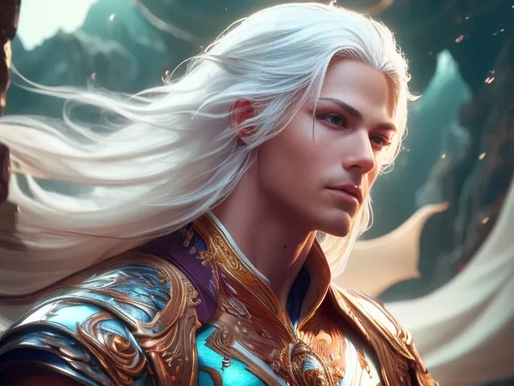 (Best Quality, 8K, Masterpiece, HDR, Soft Lighting, Picture Perfect, Realistic, Vivid), Male Humanoid Dragon (1.0), 1 Guy, Perfect Face, Super Detailed Photo of a Gorgeous Humanoid Dragon Man with Long White Hair, Side by Side lies a white dragon, Beautifu...