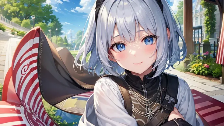 Ultra HD,Look at the viewers, Put your hands behind your back, With a girl, 20-year-old, 非常にShort Hair, Long bangs between the eyes, Pale blue eyes, hoodie, skirt , Very detailed,(masterpiece、Highest quality),Gray Hair、Laughter、Fantastic, Silver Hair, Iris...