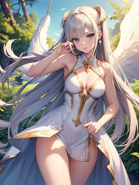 ((best quality)),(Ultra-high resolution),(Super detailed),(Detailed description),((Best CG))(Fantasy art with precise details:1.5), European classical long dress，(1 Female Angel:1.6),Angel翅膀，Poker face:1.4,Long hair flying:1.3,Angel;swing:1.5,Dynamic poses...