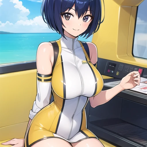 pilot,smile,undressing pilot costume,bare shoulder