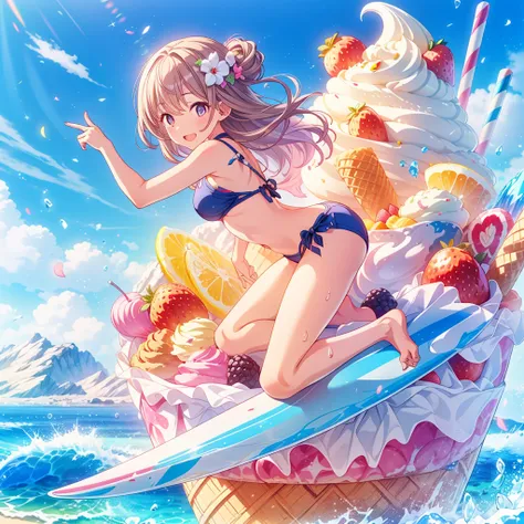 masterpiece, best quality, high resolution, extremely detailed cg, absurdres, highres, 1girl, solo, a girl in swimsuit surfing w...