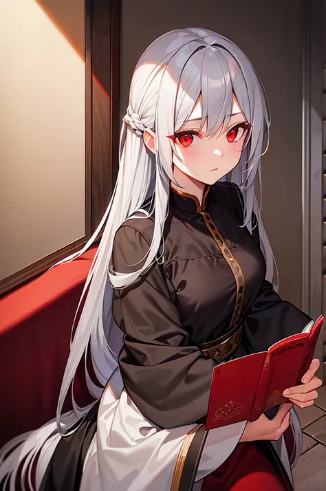 gray hair, red eyes, long hair, female , Balaur , medieval era clothes