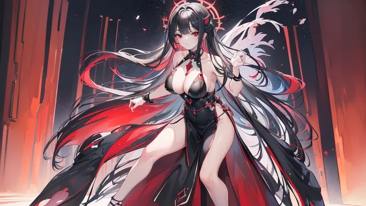 (Exquisite eyes),(Clear and beautiful eyes:1.61),masterpiece, 1 young girl,(Black clothes and some red gems), Black long hair, (She has a huge red gem on her chest), Good Hand,((The Havoc of StarCraft)),full-body shot,Fighting Stance,(Red Eyes:1.466)，short...