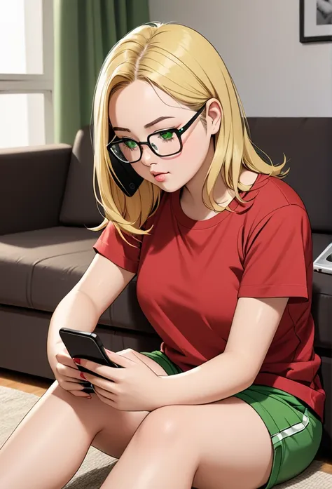 chubby girl, blonde, medium length hair, open forehead, no bangs, green eyes, black square-rimmed glasses, green shorts, red T-shirt, sitting on the floor, sitting near the sofa, holding a phone, looking at the phone