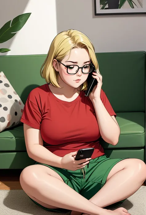 chubby girl, blonde, medium length hair, open forehead, no bangs, green eyes, black square-rimmed glasses, green shorts, red T-shirt, sitting on the floor, sitting near the sofa, holding a phone, looking at the phone