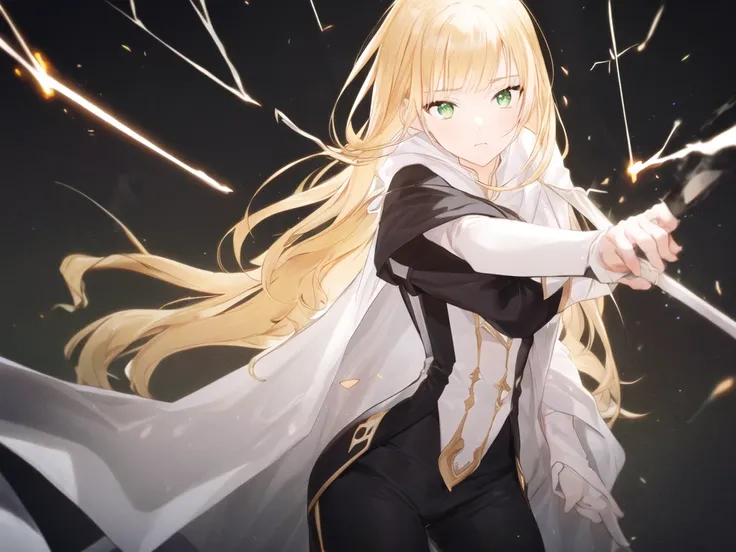 (((hair bangs))) 1 woman, blonde hair, long hair, solo, woman focus,long hair,green eyes, white clothes, black short pants, black cloak, (((pretty woman))), elegant woman, white background, scenery, motherly , darkness, fight pose, holding odachi,dark back...