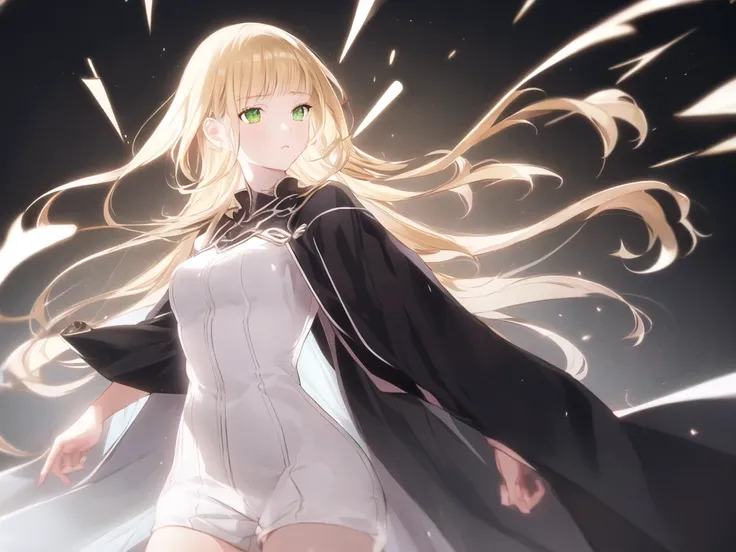 (((hair bangs))) 1 woman, blonde hair, long hair, solo, woman focus,long hair,green eyes, white clothes, black short pants, black cloak, (((pretty woman))), elegant woman, white background, scenery, motherly , darkness, fight pose, holding odachi,dark back...