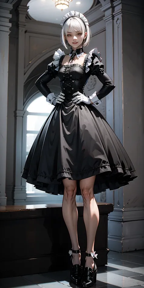 Tiffany Towers white hair, short bob hair, pinched eyes, thin legs, thin body, leather collar, victorian maid outfit, full body standing symmetrical, hands on hips, wide hips, view from below