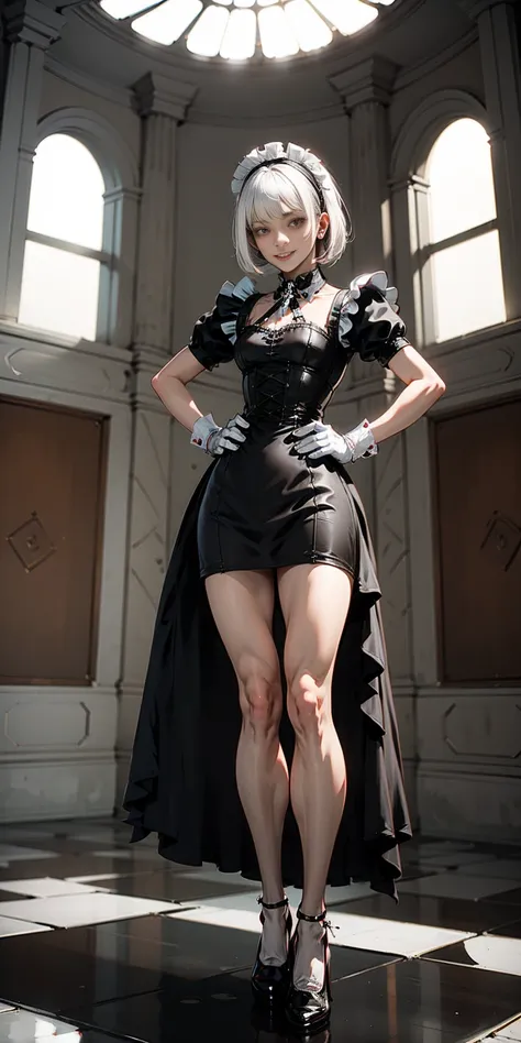 Tiffany Towers white hair, short bob hair, pinched eyes, thin legs, thin body, leather collar, victorian maid outfit, full body standing symmetrical, hands on hips, wide hips, view from below