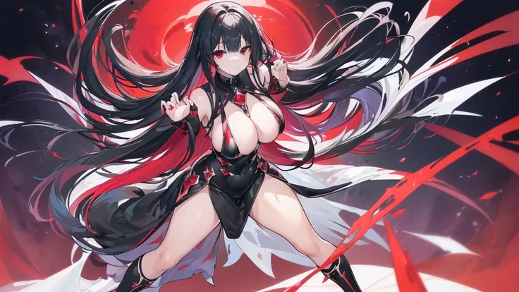 (Exquisite eyes),(Clear and beautiful eyes:1.61),masterpiece, 1 young girl,(Black clothes and some red gems), Black long hair, (She has a huge red gem on her chest), Good Hand,((The Havoc of StarCraft)),full-body shot,Fighting Stance,(Red Eyes:1.466)，short...