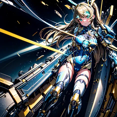 masterpiece, high quality, Cyborgization、Destroyed gynoid cyborg body、The face is of Minami Kotori.、mechanical parts、Blue and white leotard armor、solo focus、Single image、from front, full body、Mechabare、damage、The body is destroyed, exposing the precision m...