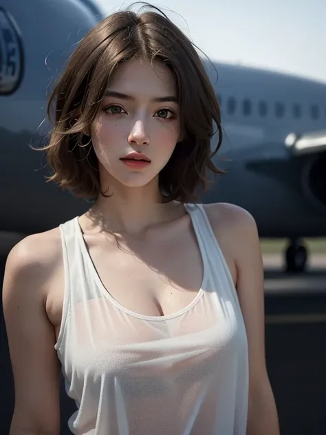 Highest quality, masterpiece, Ultra-high resolution, (Realistic:1.5), RAW Photos, One girl, Tank top, In the Dark, Deep Shadow, Modest, Cold Light, Sexy Looks, short hair,plane