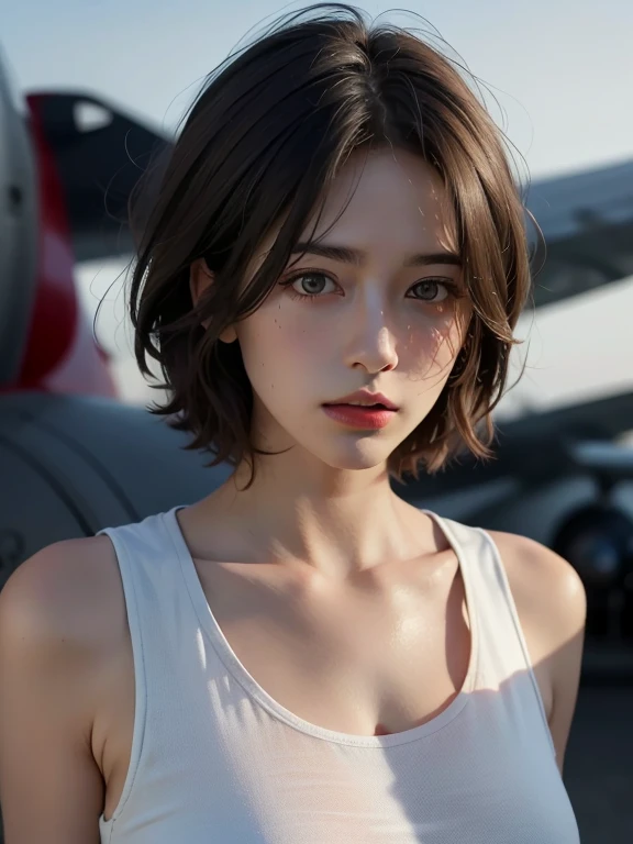 Highest quality, masterpiece, Ultra-high resolution, (Realistic:1.5), RAW Photos, One girl, Tank top, In the Dark, Deep Shadow, Modest, Cold Light, Sexy Looks, short hair,plane