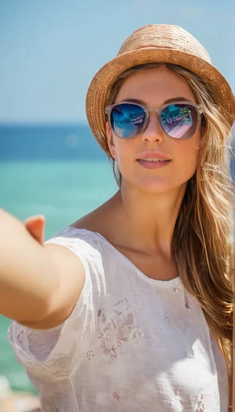 create me photos of a simple, beautiful young woman who takes selfies with her phone. in summer outfit with maximum realism and high image quality