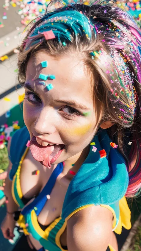 original photo, sparkle make-up, realistic wet cute british girl holding a vanila ice cream cone, sticking her tongue out, 1 girl, sundress, (colorful hair:1.4), (hair covering face:1.3), cinematic lighting, sunlight exposure and dynamic shadow, (confetti ...